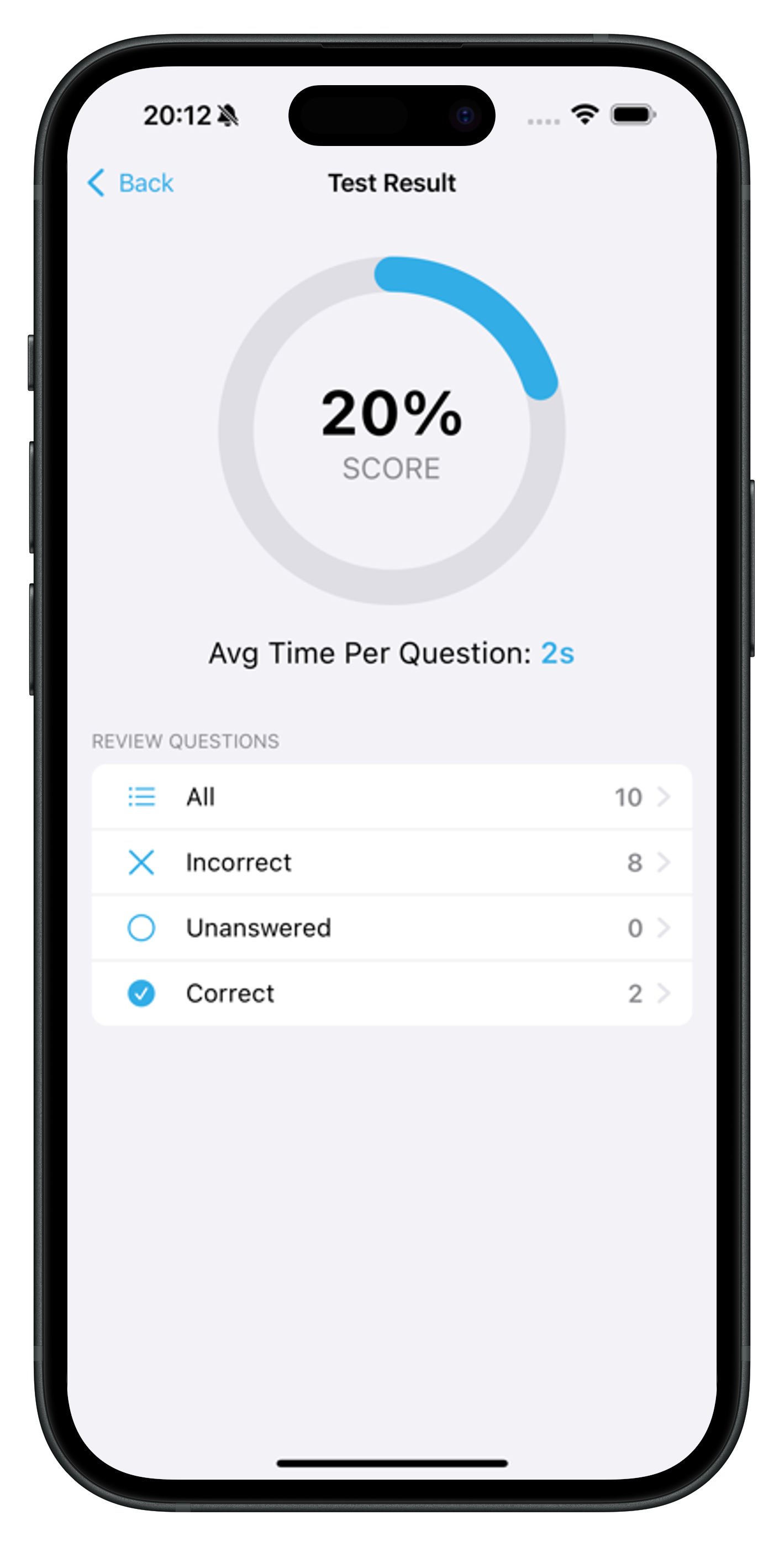 StudyCloudTech app showing an AWS practice-test result screen